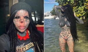 Woman shares what she looked like before she cut off her nose and covered her body with tattoos in extreme body modifications (Photos)