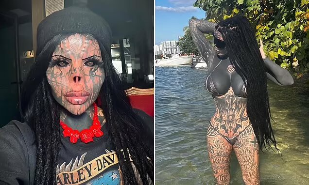 Woman shares what she looked like before she cut off her nose and covered her body with tattoos in extreme body modifications (Photos)
