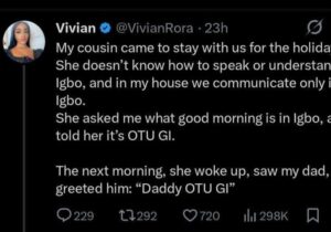 Woman reveals how she punished her cousin for not knowing how to speak Igbo