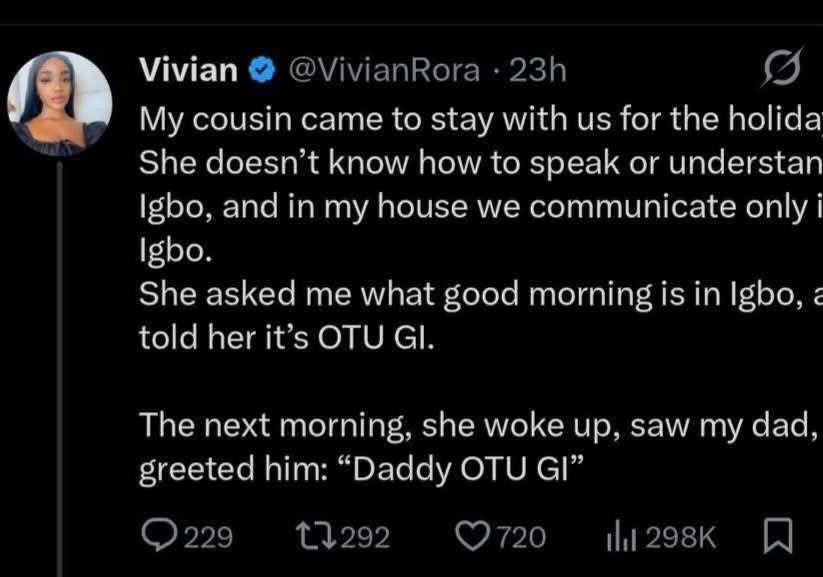 Woman reveals how she punished her cousin for not knowing how to speak Igbo