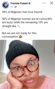 98% of Nigerian men love threesome. Only 10% of Nigerian women are straight - Woman claims