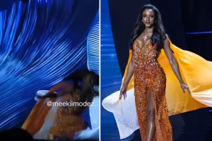 Moment Miss Jamaica tumbles off stage and is carried away on stretcher during Miss Universe pageant (Video)