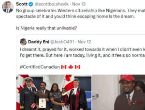 Is Nigeria unlivable?- U.S. citizen mocks Nigerian man celebrating Canadian citizenship