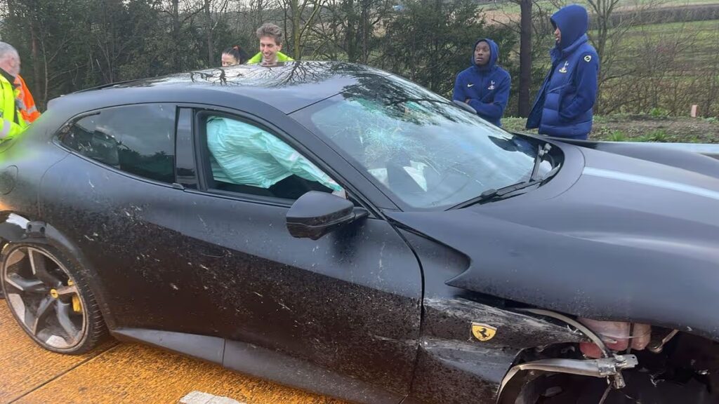 Tottenham star Randal Kolo Muani involved in car crash after his Ferrari tyre blew out (Photos)